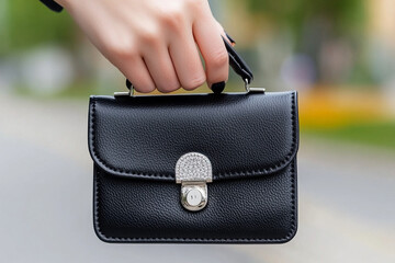 Manicured hand holding an elegant designer bag in a stylish urban setting