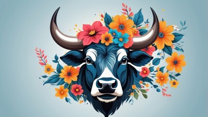 A majestic bull wearing a vibrant flower crown, showcasing a blend of nature and animal beauty.