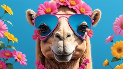 A stylish camel wearing sunglasses and a head full of flowers.