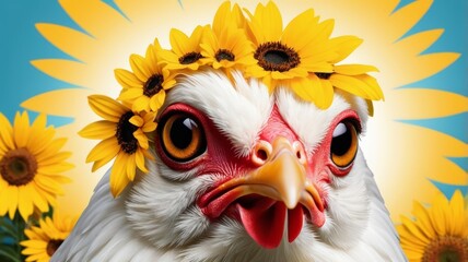 A cheerful chicken wearing a crown of bright sunflowers on its head, standing in a sunny outdoor setting.