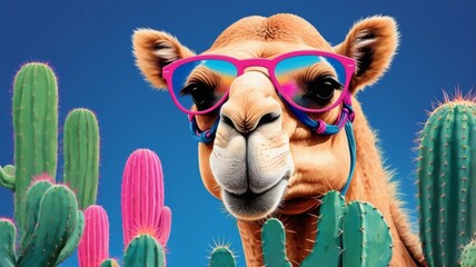 A stylish camel with sunglasses poses in front of tall cactus plants, showcasing a fun desert vibe.