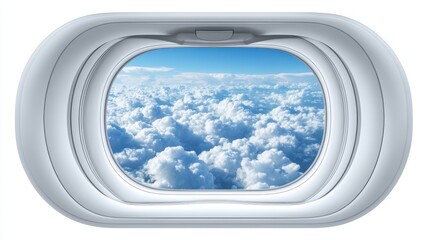 Oval airplane window, cloudscape view