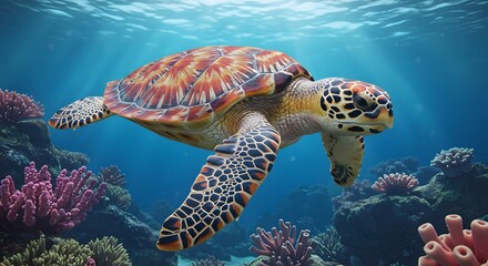 Obraz premium Majestic Hawksbill Sea Turtle Gracefully Navigating Vibrant Coral Reef