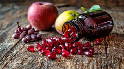 Red capsules spilling from bottle with fresh fruits nearby