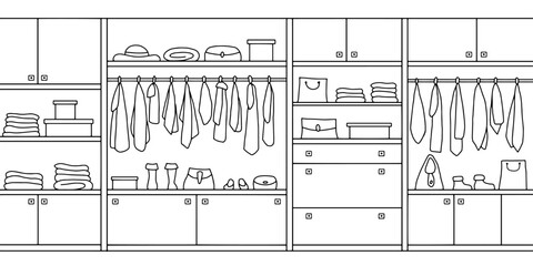 Wardrobe room graphic black white home interior sketch illustration vector 