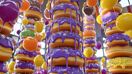 Towering donuts with glossy purple icing and sprinkles