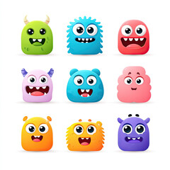 Cute cartoon monsters with funny faces and vibrant colors