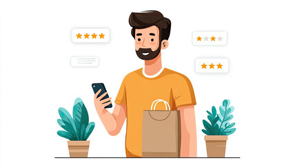 Happy customer holding shopping bag and smartphone