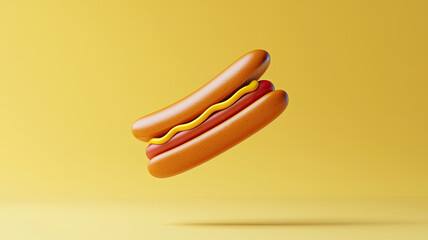 3D cartoon hotdog with mustard and ketchup on yellow background
