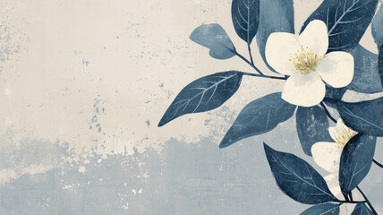 Elegant floral illustration with white flowers and blue leaves