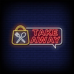 take away neon sign with brick wall background vector