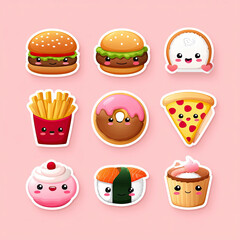 Cute kawaii food icons with burgers, fries, pizza, and desserts