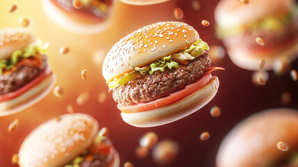 Juicy burgers floating in vibrant background
