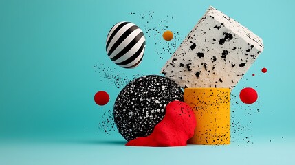 Abstract 3D Geometric Shapes Floating on Cyan Background