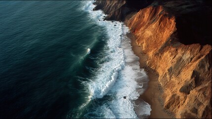 Dramatic coastal erosion reveals crumbling cliffs and swirling waves at golden hour