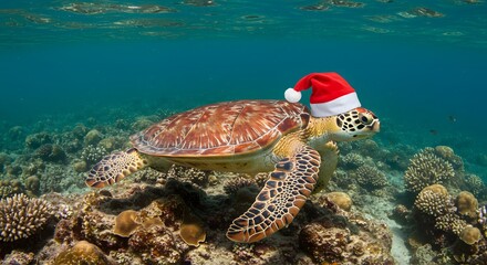 Festive Sea Turtle in a Santa Hat Celebrates Christmas Underwater
