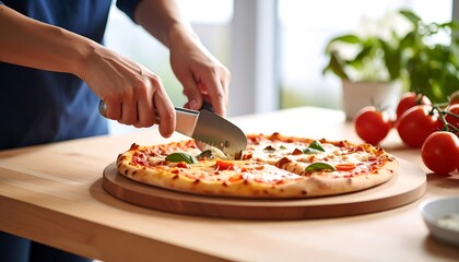 Close-up of hands slicing a pizza on a wooden board