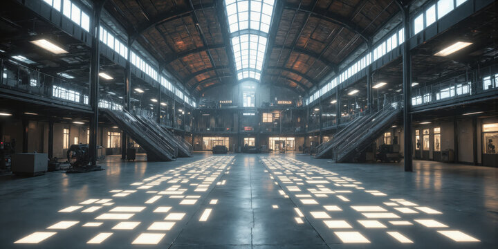 Distributed Intelligence Architecture Empty warehouse where building systems function as collective computing network with processing capabilities distributed throughout structural elements