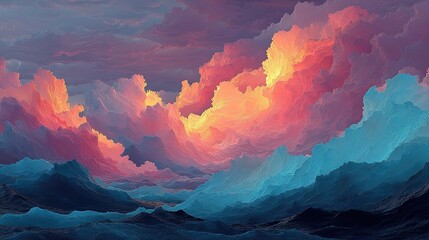 Vibrant sunset over a tranquil ocean, with dramatic clouds reflecting warm colors in the sky