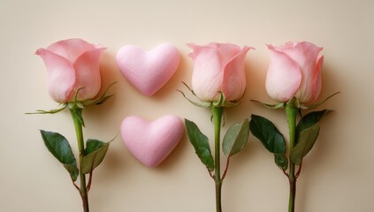 Three pale pink roses, and two matching hearts, on a pale peach background