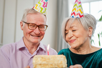 Make a wish. Family senior couple in party hat cap celebrating birthday anniversary together at home. Old woman blowing out burning candles on birthday cake. Old man wishes wife happy birthday