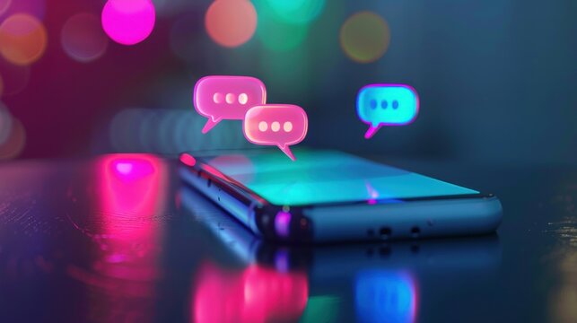 A smartphone with a colorful screen and a chat bubble icon floating above it, on a blurred background with bokeh effects.