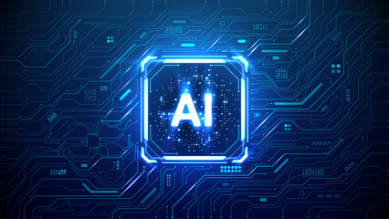 Digital AI quantum chip in a square light neon HUD frame on circuit board tech background. Futuristic AI semiconductor concept. Abstract artificial intelligence processor with lightning elements. 