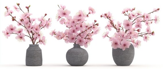 Pink cherry blossoms in textured gray vases