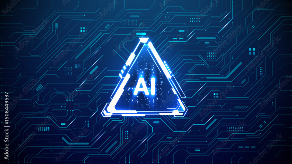 Poster Digital AI quantum chip in a triamgle light neon HUD frame on circuit board tech background. Futuristic AI semiconductor concept. Abstract artificial intelligence processor with lightning elements. 