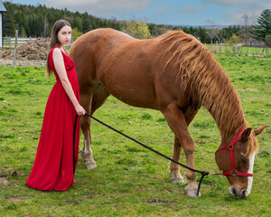 A young woman in a red dress with a horse