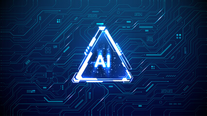 Digital AI quantum chip in a triamgle light neon HUD frame on circuit board tech background. Futuristic AI semiconductor concept. Abstract artificial intelligence processor with lightning elements. 