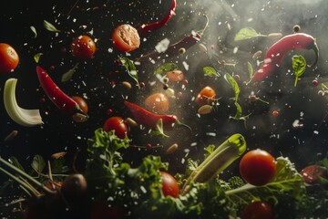 Vegetables, spices and herbs fly against a dark background