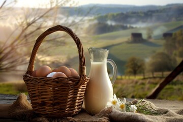 Chicken eggs in a basket, a jug with milk on the background of a rural landscape