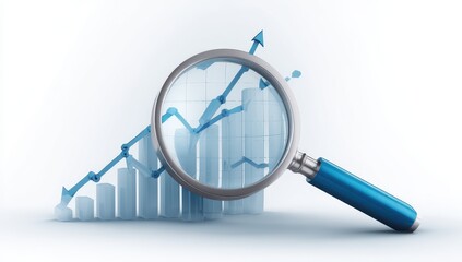 Magnifying glass focuses on upward trending bar graph