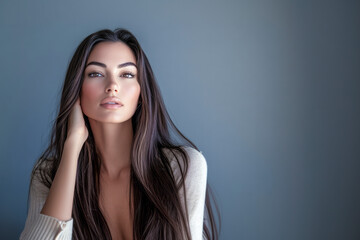 Fototapeta premium Beautiful woman with long brown hair touching her face