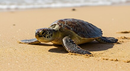Obraz premium Juvenile Green Sea Turtle Making its Way Across a Sandy Beach Towards the Ocean