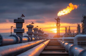 Gas Pipeline Network and Flare Stack at Sunrise in Industrial Refinery