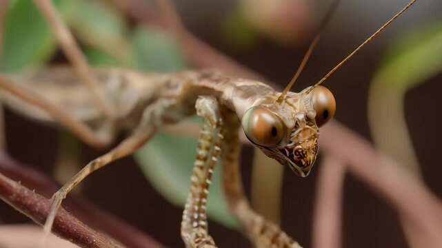Close-up of praying mantis on plant stem featuring detailed texture and prominent eyes in natural outdoor setting.