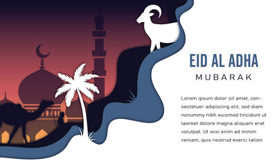 Eid al adha greeting card. Paper cut vector illustration design.