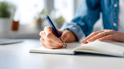 Writing in Notebook A Close-Up View of a Person's Hand Holding a Pen Over an Open Notebook, Capturing the Essence of Journaling and Note-Taking