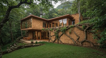 Unique eco friendly house blending with nature, featuring large windows and natural materials, set in a forested area surrounded by lush greenery