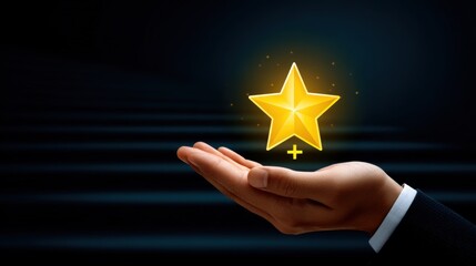 Showcasing a golden star in hand business context digital art dark background close-up view achievement concept