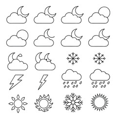 Minimal Line-Art Weather Icons – Cloud, Sun, Moon, Rain, Snow, and Nature Elements Set