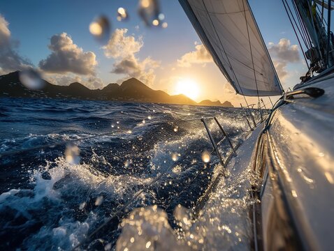 Sailing Yacht At Sunset Over Ocean
