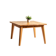 Modern light wood dining table with plant decor pot on transparent background