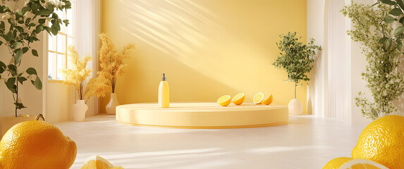 Background lemon podium product fruit platform cosmetic scene display citrus yellow Podium lemon vit