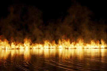  Horizontal blazing fire on reflection surface. 3D Rendering