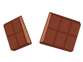 Chocolate bar split open with nuts inside. Cartoon vector treat in broken form. For stickers, shop displays, dessert posters, menu layouts, sweet product designs, visuals