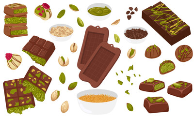 Dubai sweets with pistachio filling, milk and white chocolate, kataifi layers. Trendy green filling bars. Vector illustration for packaging, posters, product cards, menus, recipe blogs, web, catalogs