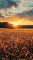 The sun rises over vast golden fields in rural Russia, illuminating the wheat crops and creating a serene atmosphere. The sky is painted with soft clouds and warm hues